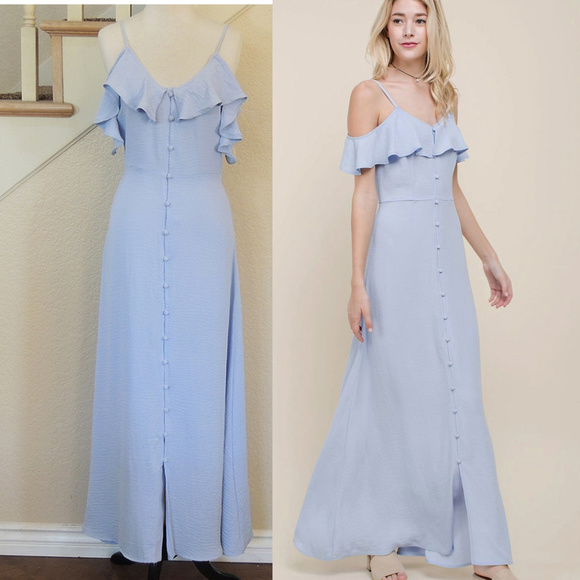 blue cold shoulder maxi dress